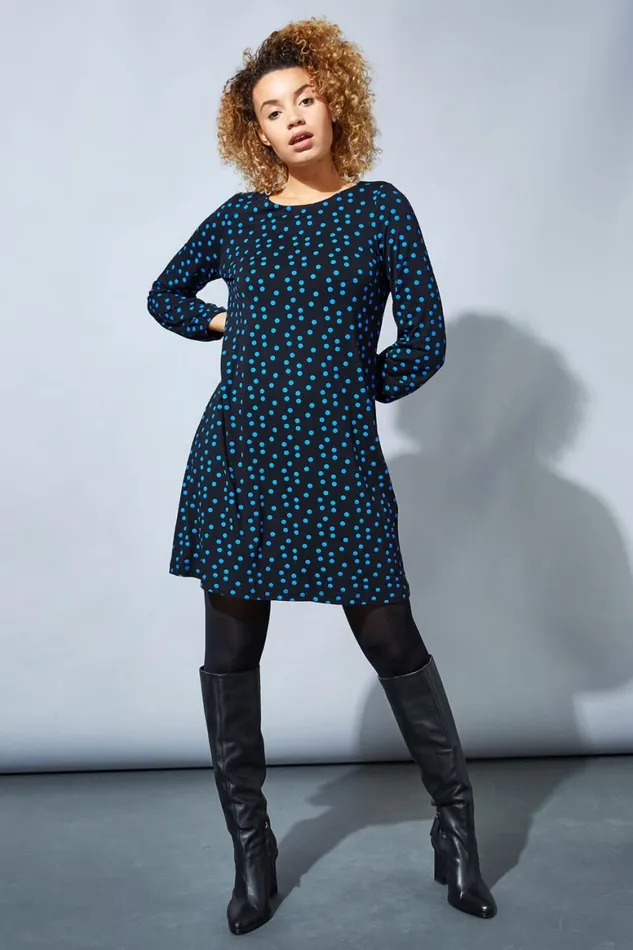 Women Blue Long Sleeve Spot Print Shift Dress Roman Dresses