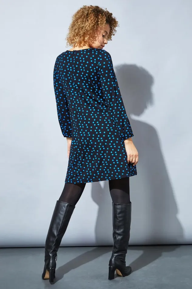 Women Blue Long Sleeve Spot Print Shift Dress Roman Dresses