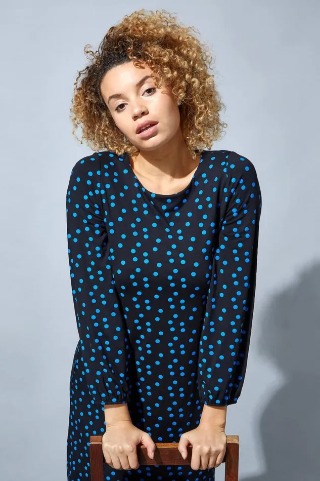 Women Blue Long Sleeve Spot Print Shift Dress Roman Dresses