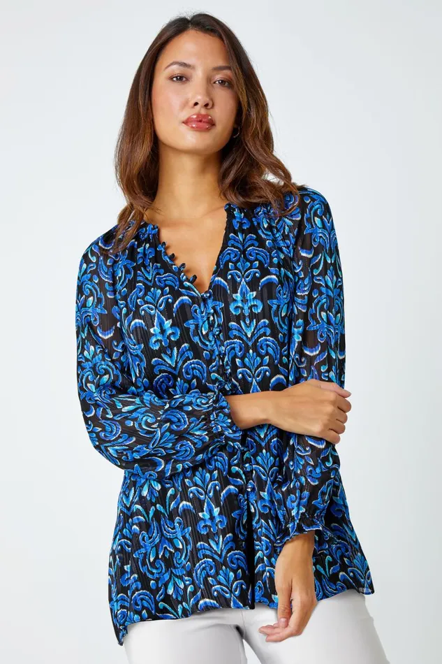 Women Blue Metallic Print VNeck Chiffon Blouse Roman Tops