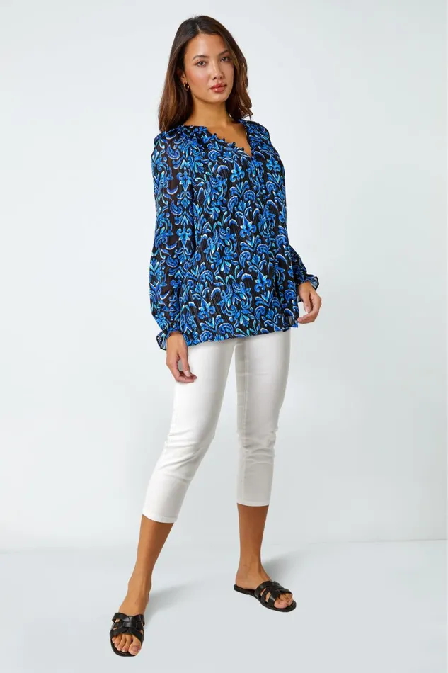 Women Blue Metallic Print VNeck Chiffon Blouse Roman Tops