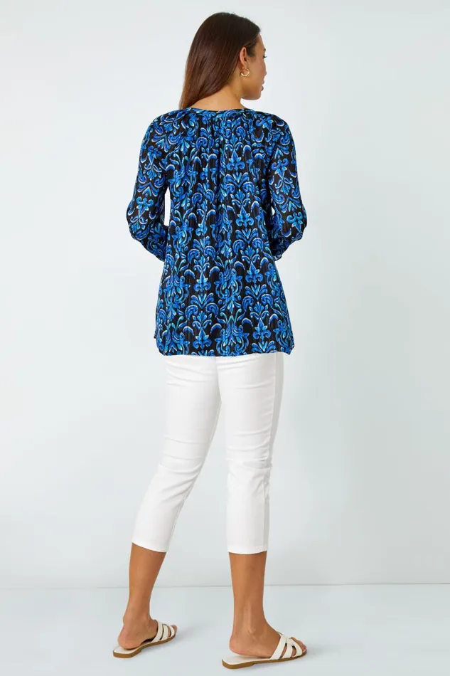 Women Blue Metallic Print VNeck Chiffon Blouse Roman Tops