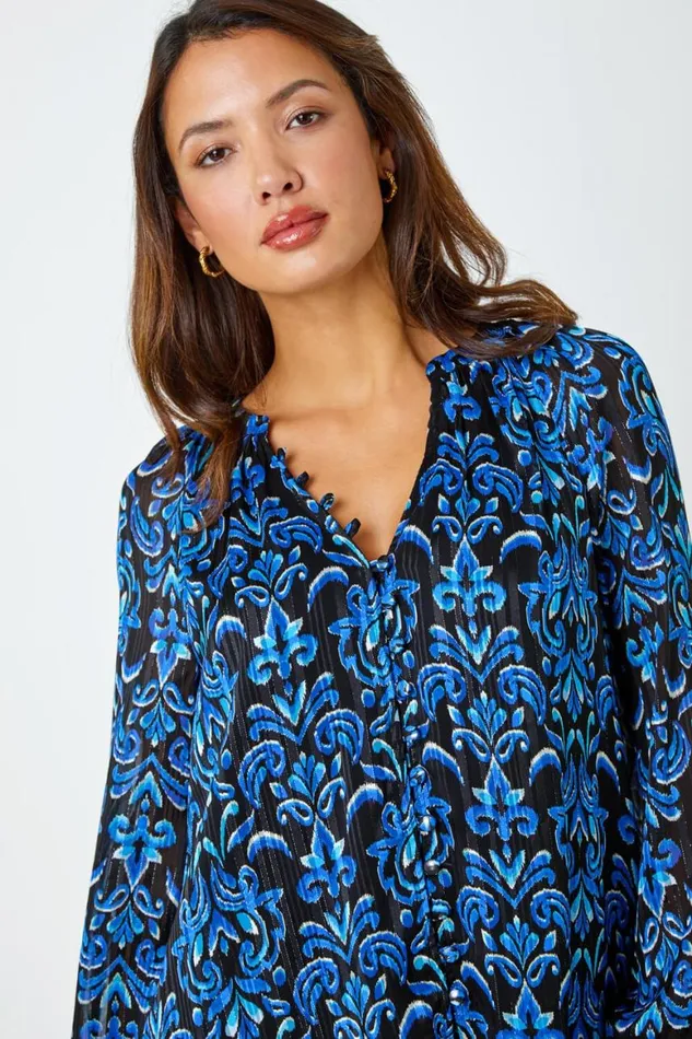 Women Blue Metallic Print VNeck Chiffon Blouse Roman Tops