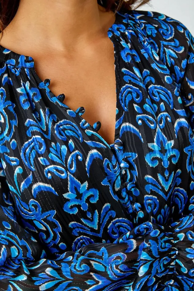 Women Blue Metallic Print VNeck Chiffon Blouse Roman Tops
