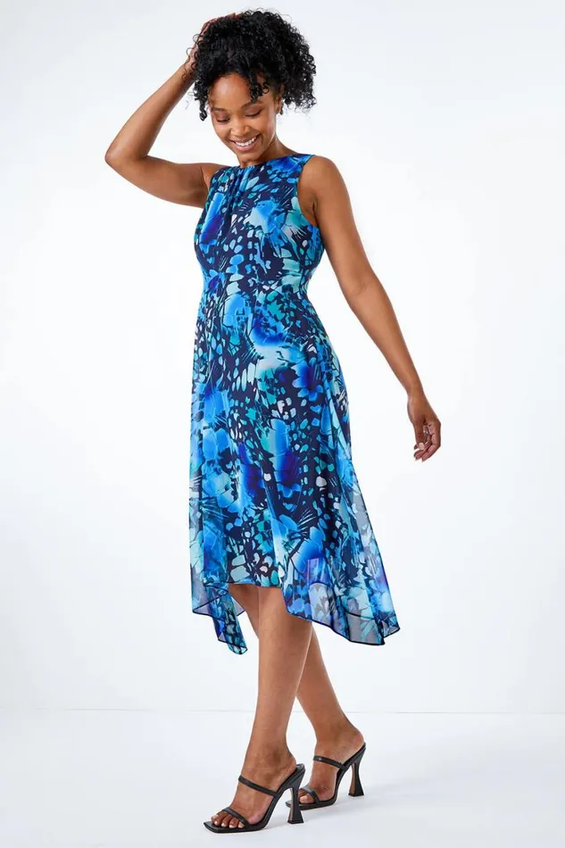 Women Blue Petite Floral Midi Hanky Hem Dress Roman Dresses