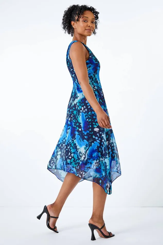 Women Blue Petite Floral Midi Hanky Hem Dress Roman Dresses