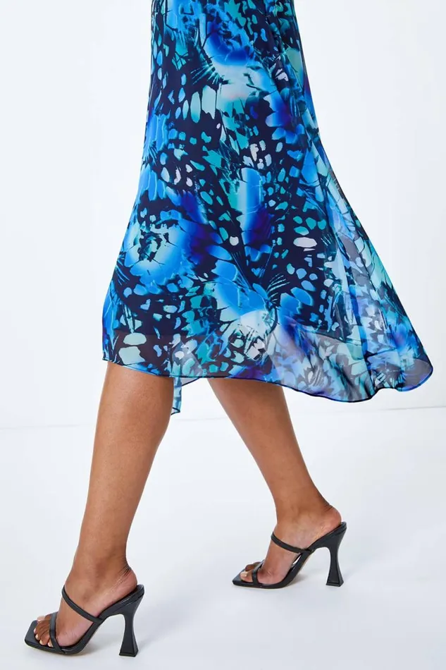 Women Blue Petite Floral Midi Hanky Hem Dress Roman Dresses