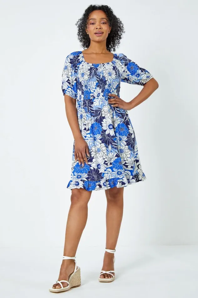 Women Blue Petite Floral Print Shirred Tea Dress Roman Dresses