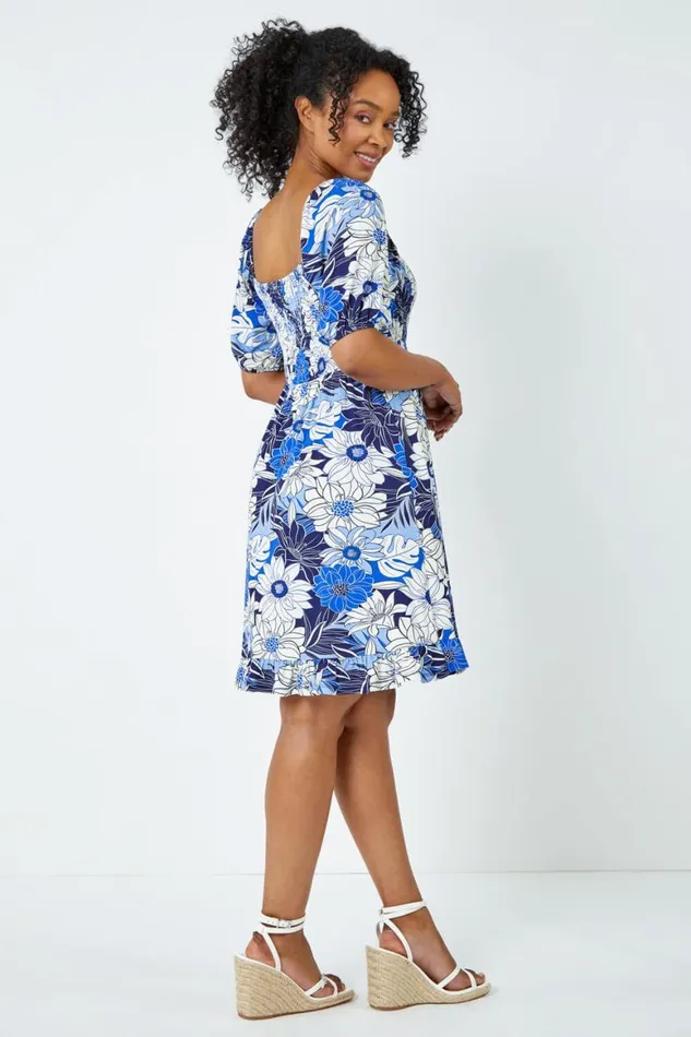 Women Blue Petite Floral Print Shirred Tea Dress Roman Dresses