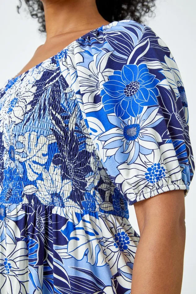 Women Blue Petite Floral Print Shirred Tea Dress Roman Dresses