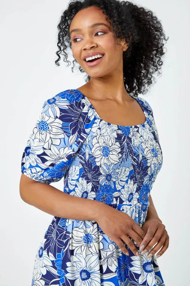 Women Blue Petite Floral Print Shirred Tea Dress Roman Dresses