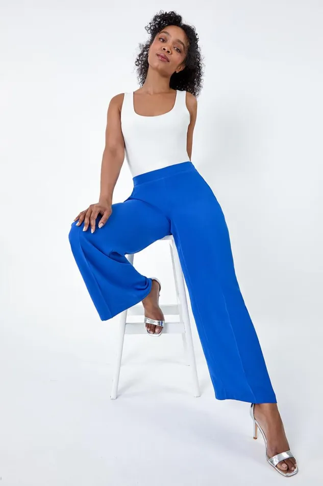 Women Blue Petite Pocket Elastic Waist Wide Leg Trousers Roman Occasionwear