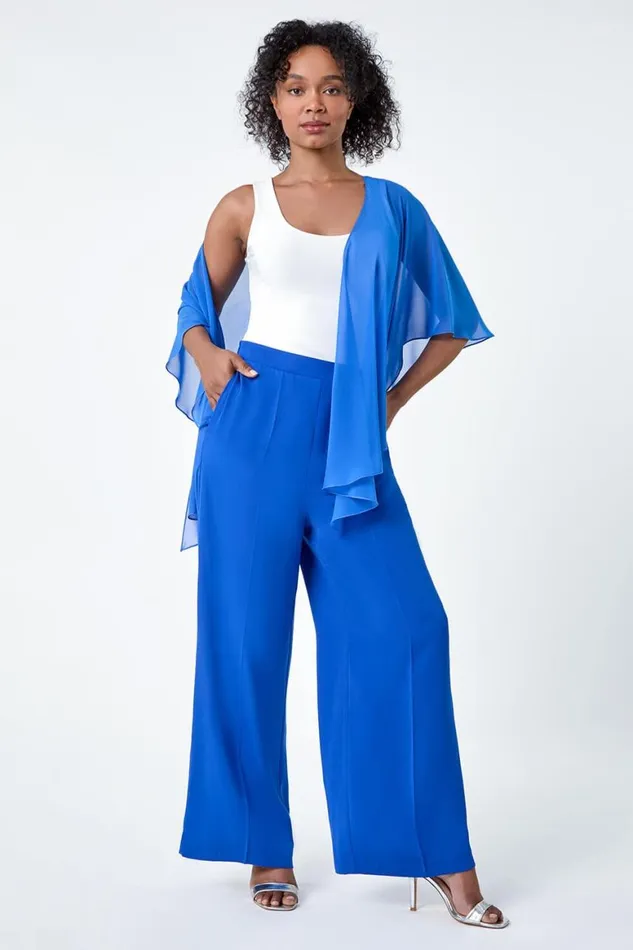 Women Blue Petite Pocket Elastic Waist Wide Leg Trousers Roman Occasionwear