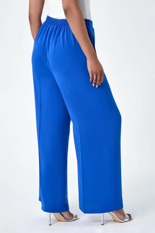 Women Blue Petite Pocket Elastic Waist Wide Leg Trousers Roman Occasionwear