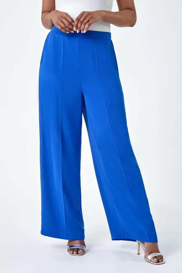 Women Blue Petite Pocket Elastic Waist Wide Leg Trousers Roman Occasionwear