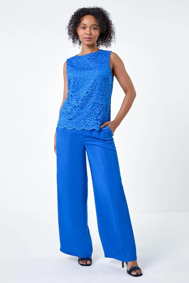 Women Blue Petite Pocket Elastic Waist Wide Leg Trousers Roman Occasionwear