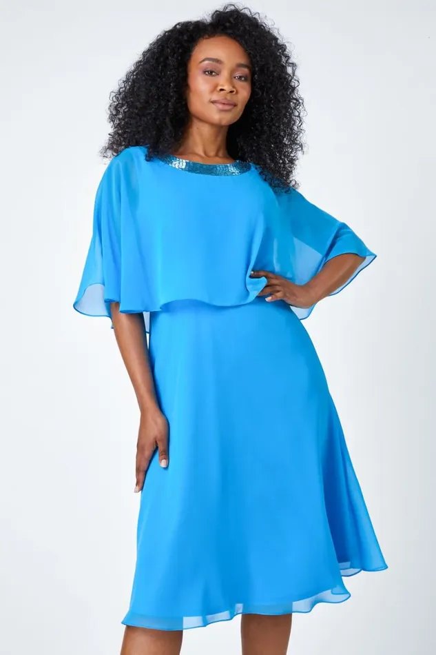 Women Blue Petite Sequin Trim Chiffon Cape Dress Roman Dresses