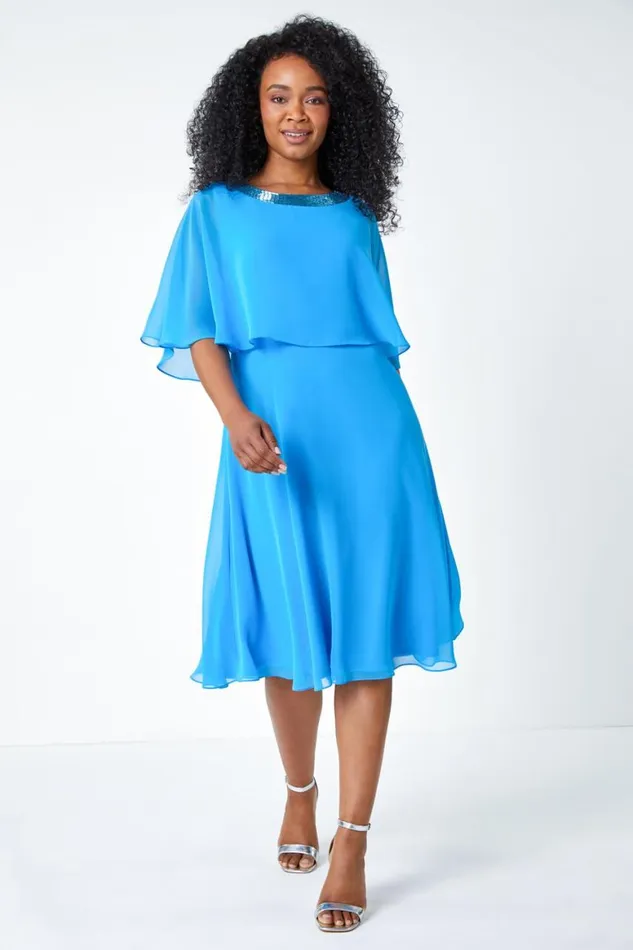 Women Blue Petite Sequin Trim Chiffon Cape Dress Roman Dresses