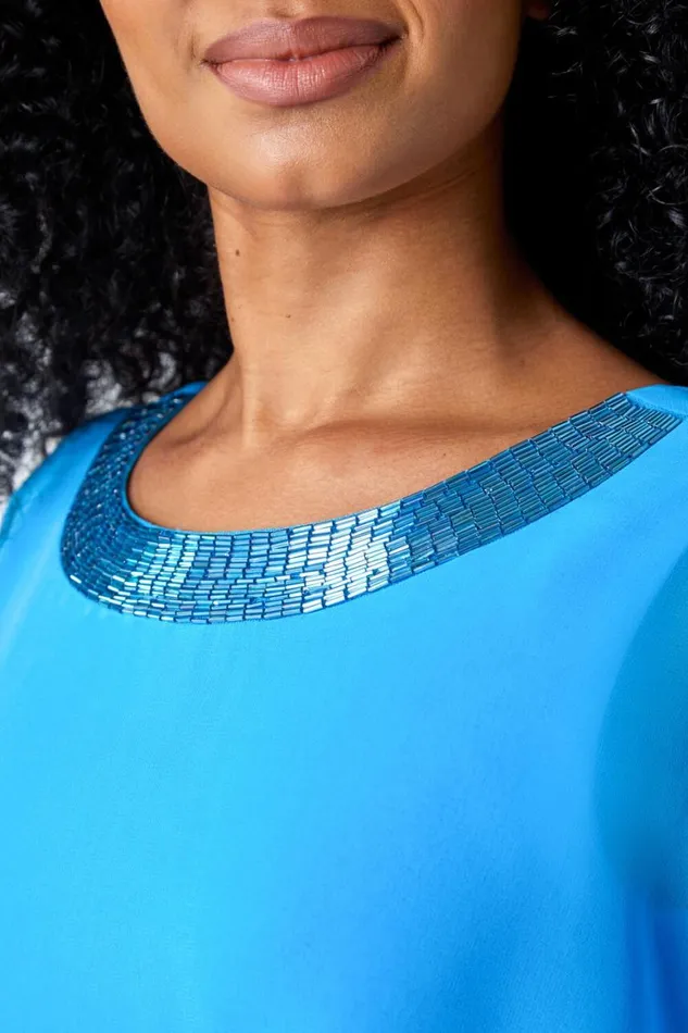 Women Blue Petite Sequin Trim Chiffon Cape Dress Roman Dresses