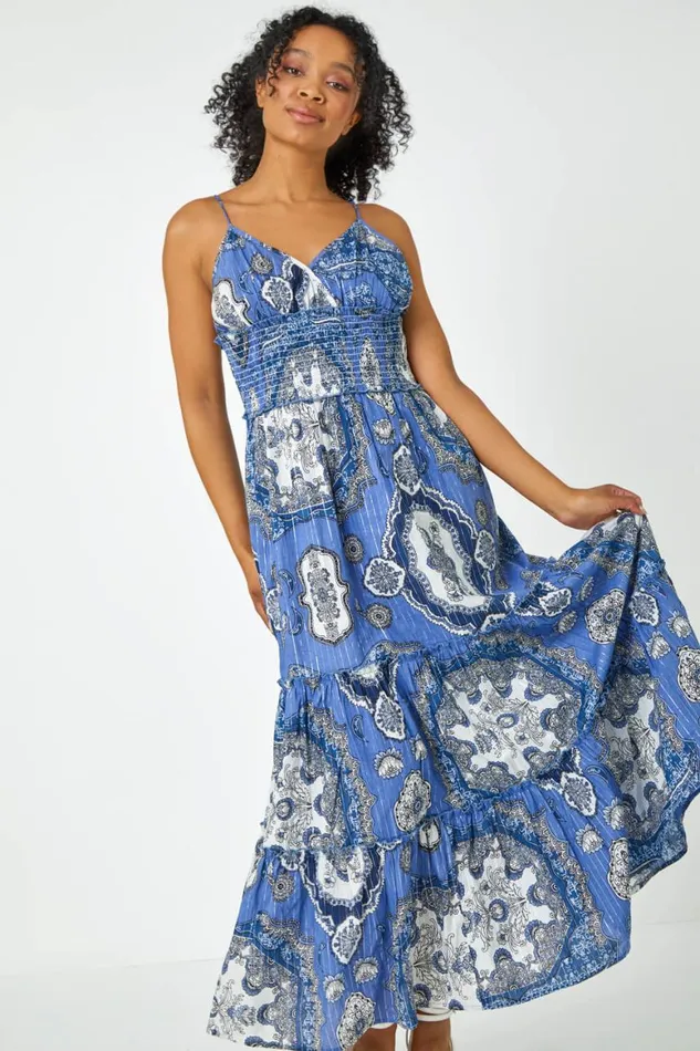 Women Blue Petite Shirred Waist Tiered Maxi Dress Roman Dresses