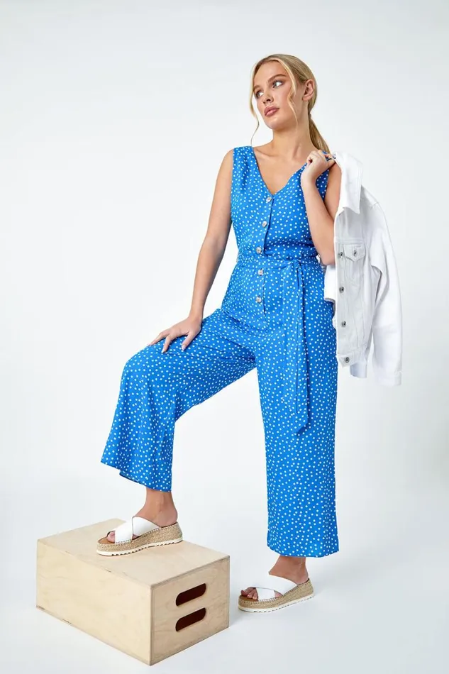 Women Blue Petite Sleeveless Polka Dot Jumpsuit Roman Dresses