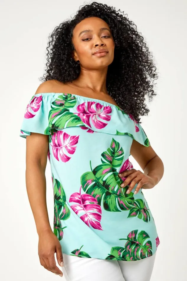 Women Blue Petite Tropical Print Bardot Top Roman Tops