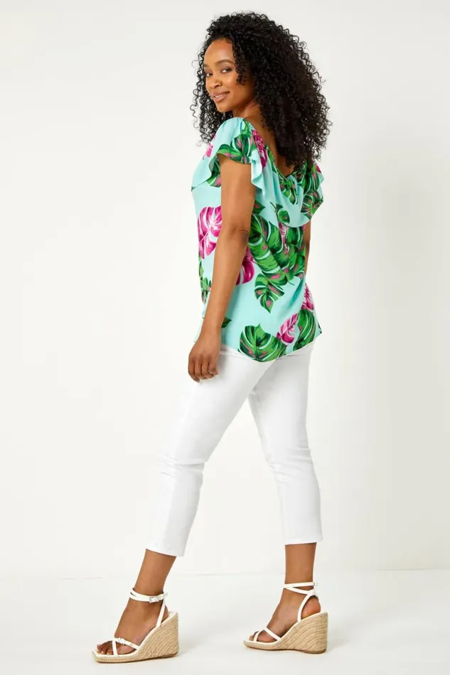 Women Blue Petite Tropical Print Bardot Top Roman Tops