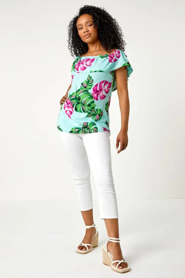 Women Blue Petite Tropical Print Bardot Top Roman Tops