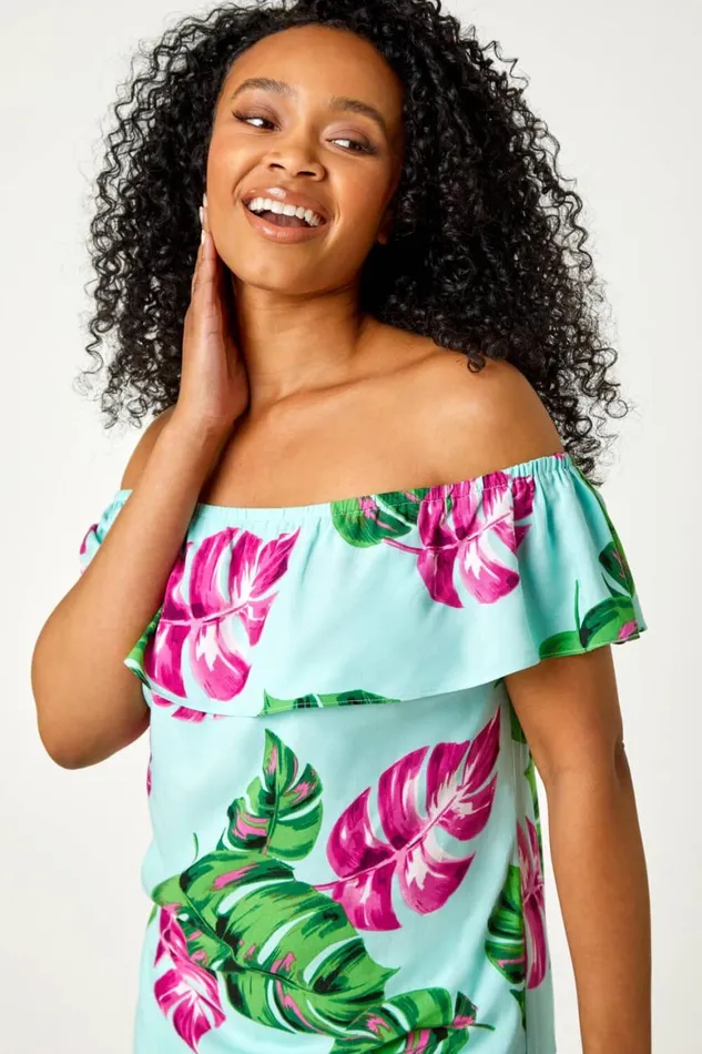 Women Blue Petite Tropical Print Bardot Top Roman Tops