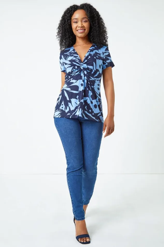 Women Blue Petite VNeck Twist Front Abstract Top Roman Tops