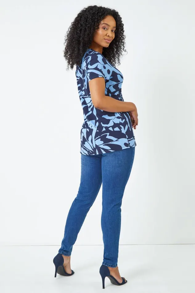 Women Blue Petite VNeck Twist Front Abstract Top Roman Tops