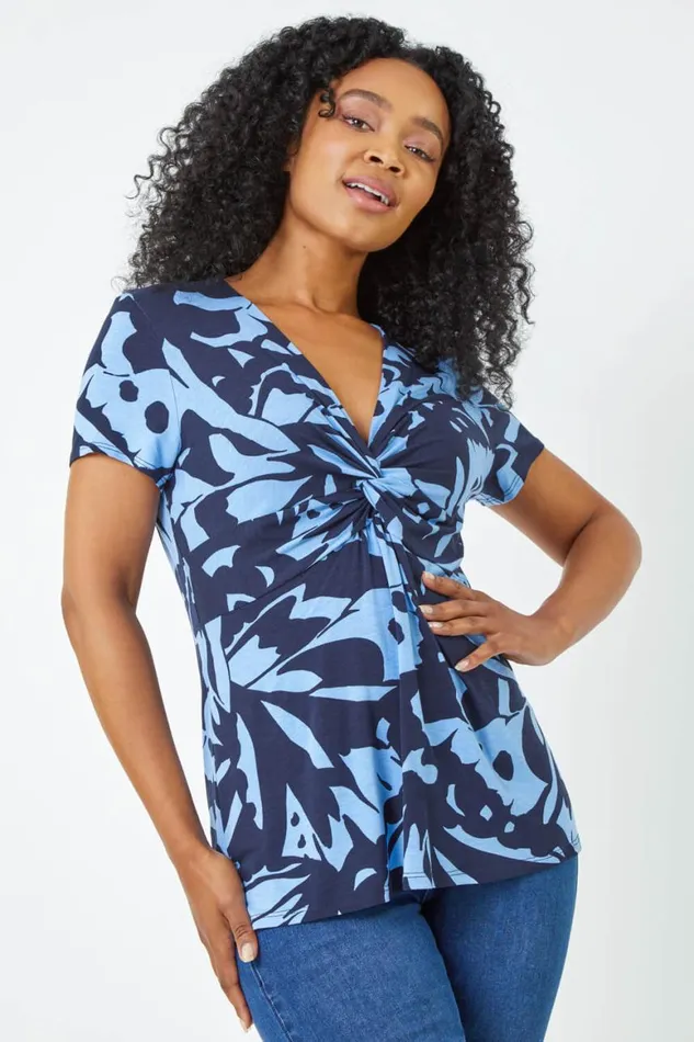 Women Blue Petite VNeck Twist Front Abstract Top Roman Tops
