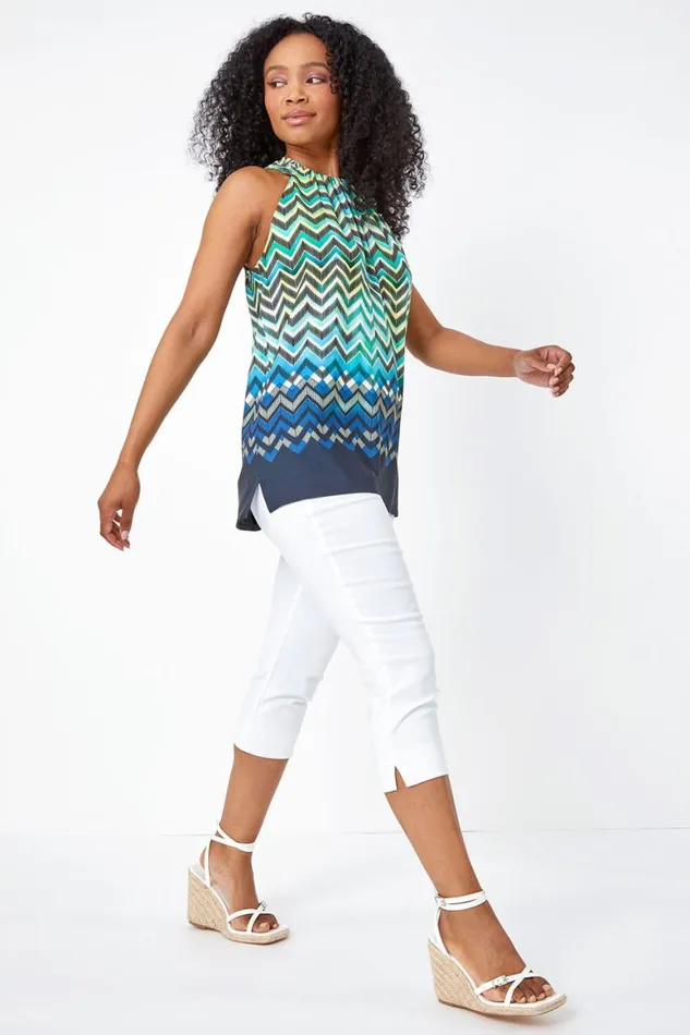 Women Blue Petite Zig Zag Print Halterneck Top Roman Tops