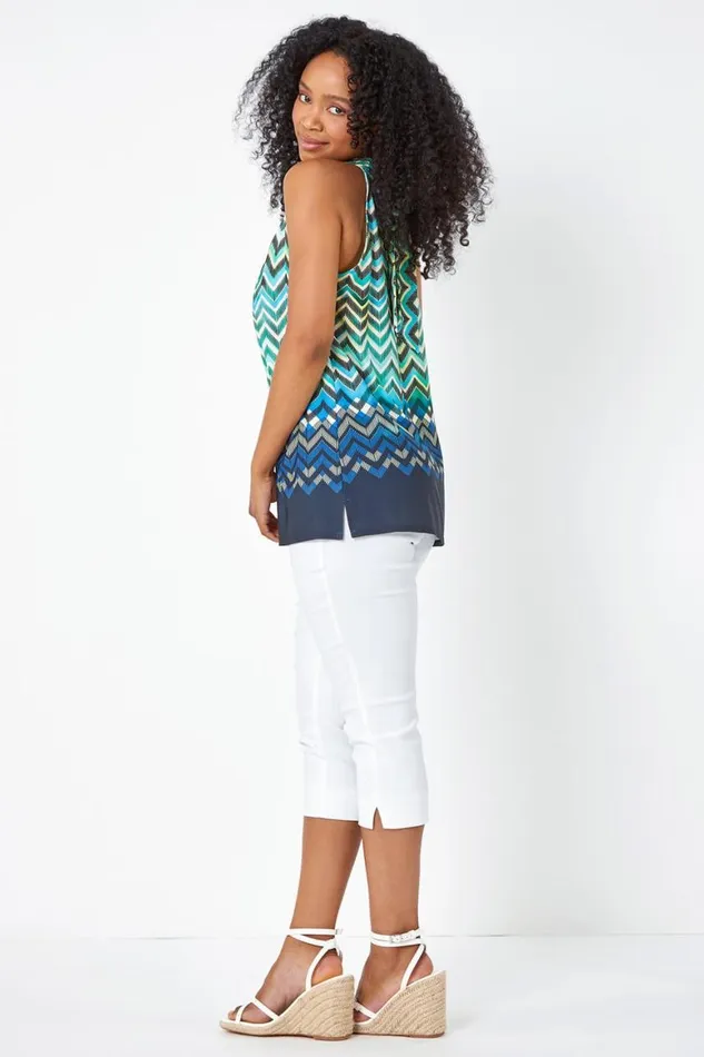 Women Blue Petite Zig Zag Print Halterneck Top Roman Tops