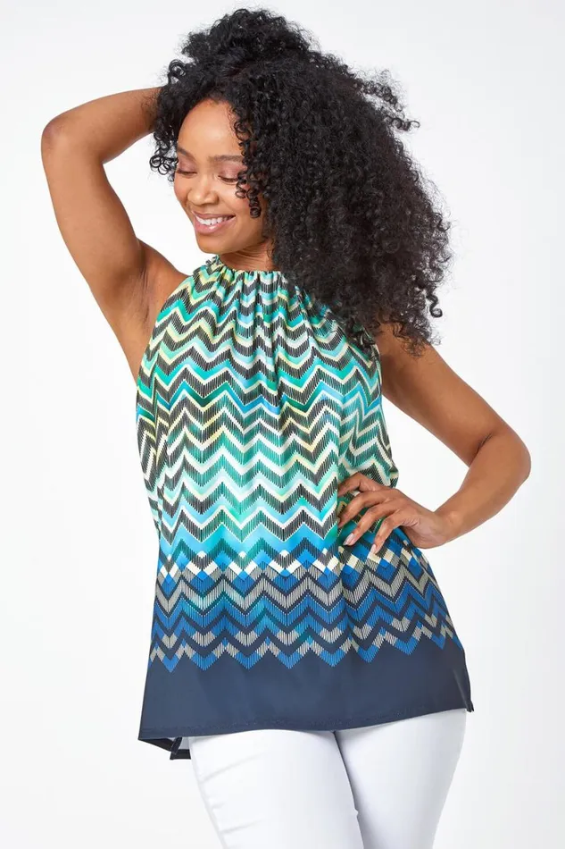 Women Blue Petite Zig Zag Print Halterneck Top Roman Tops