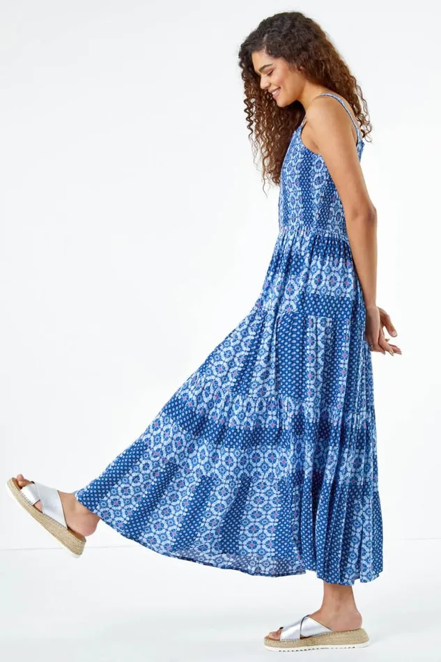 Women Blue Printed Shirred Bodice Maxi Dress Roman Dresses
