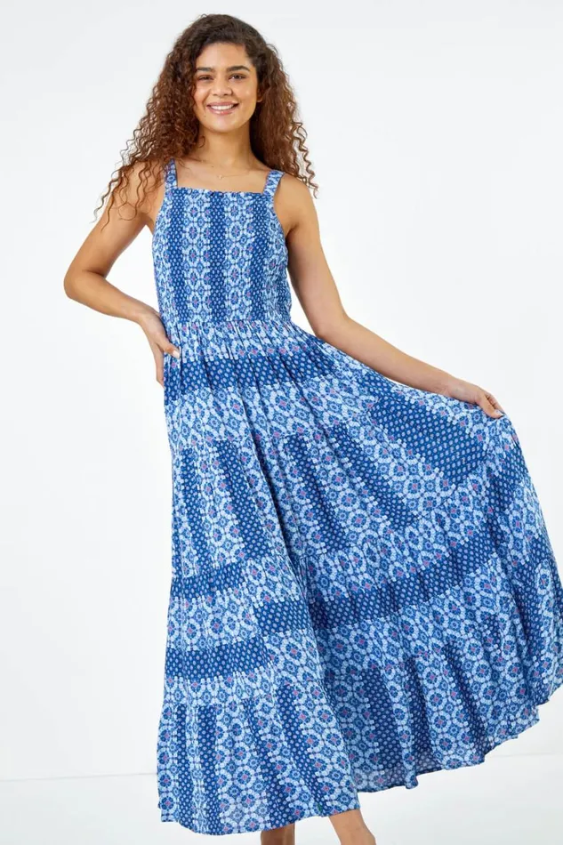 Women Blue Printed Shirred Bodice Maxi Dress Roman Dresses