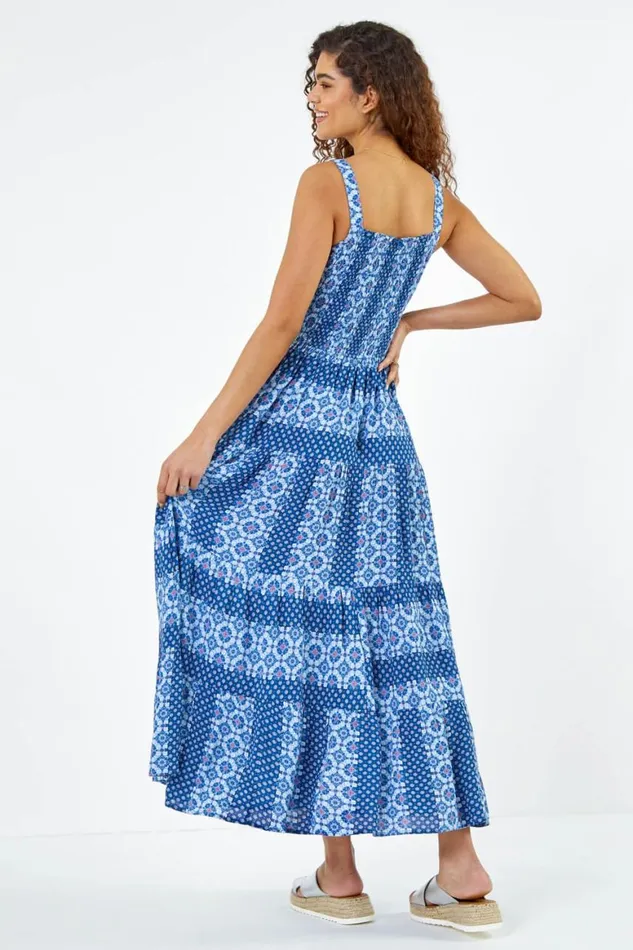 Women Blue Printed Shirred Bodice Maxi Dress Roman Dresses