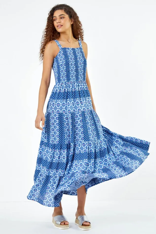 Women Blue Printed Shirred Bodice Maxi Dress Roman Dresses