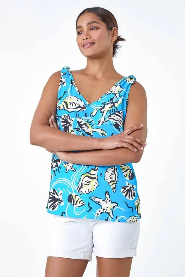 Women Blue Shell Print Cami Vest Top Roman Tops