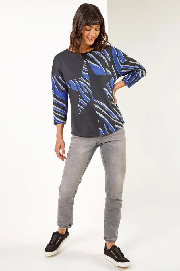 Women Blue Star Print Stretch Jersey Top Roman Tops