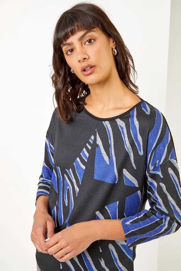 Women Blue Star Print Stretch Jersey Top Roman Tops