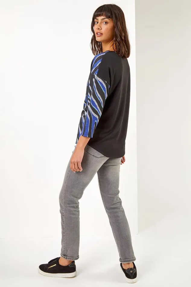 Women Blue Star Print Stretch Jersey Top Roman Tops