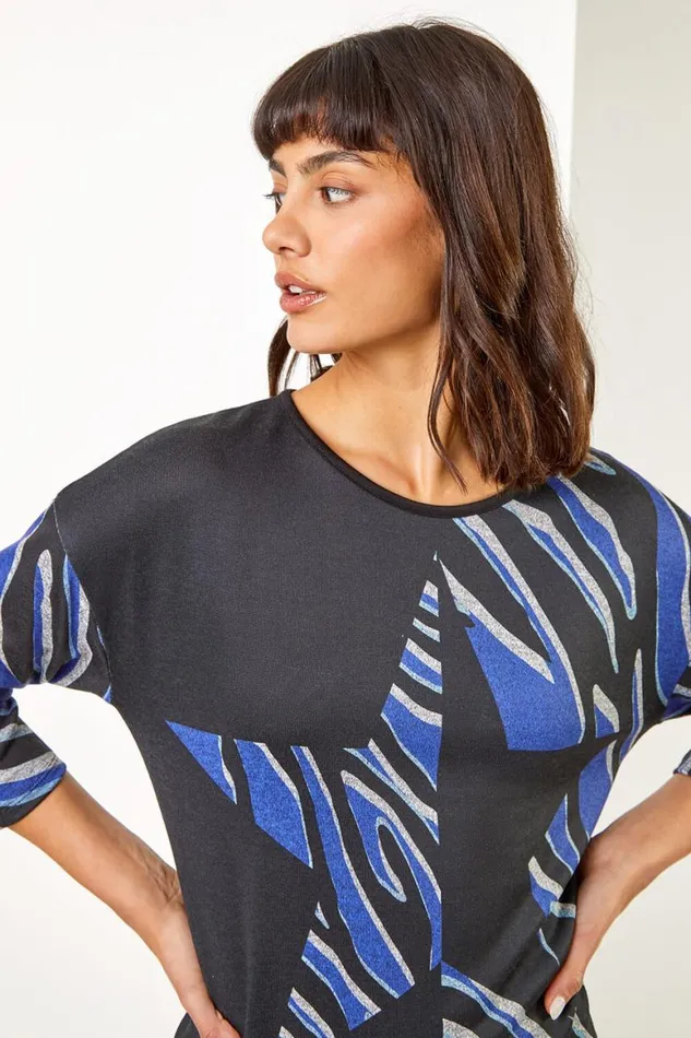 Women Blue Star Print Stretch Jersey Top Roman Tops