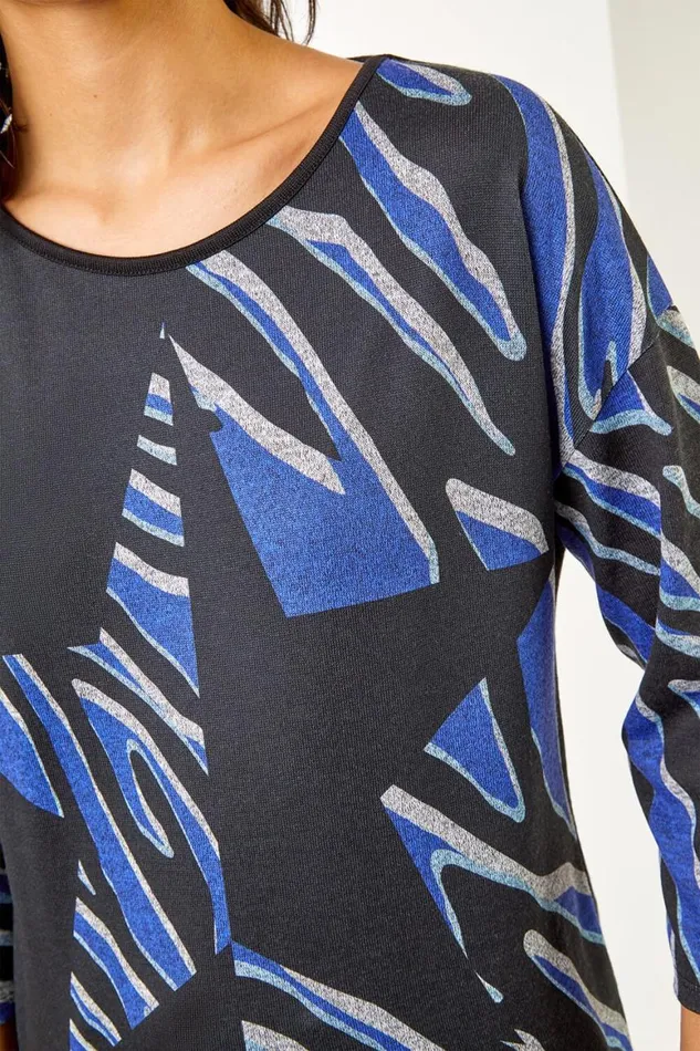 Women Blue Star Print Stretch Jersey Top Roman Tops