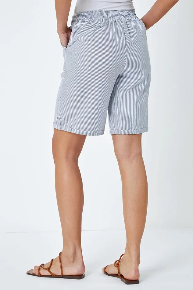 Women Blue Striped Turn Up Elastic Waist Shorts Roman Trousers