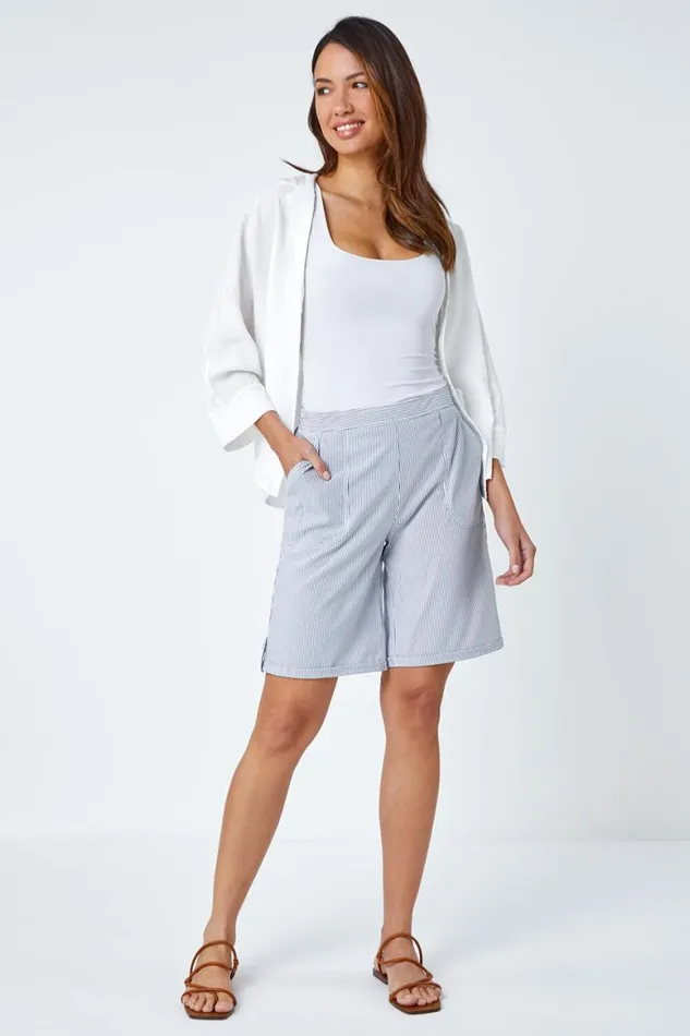 Women Blue Striped Turn Up Elastic Waist Shorts Roman Trousers