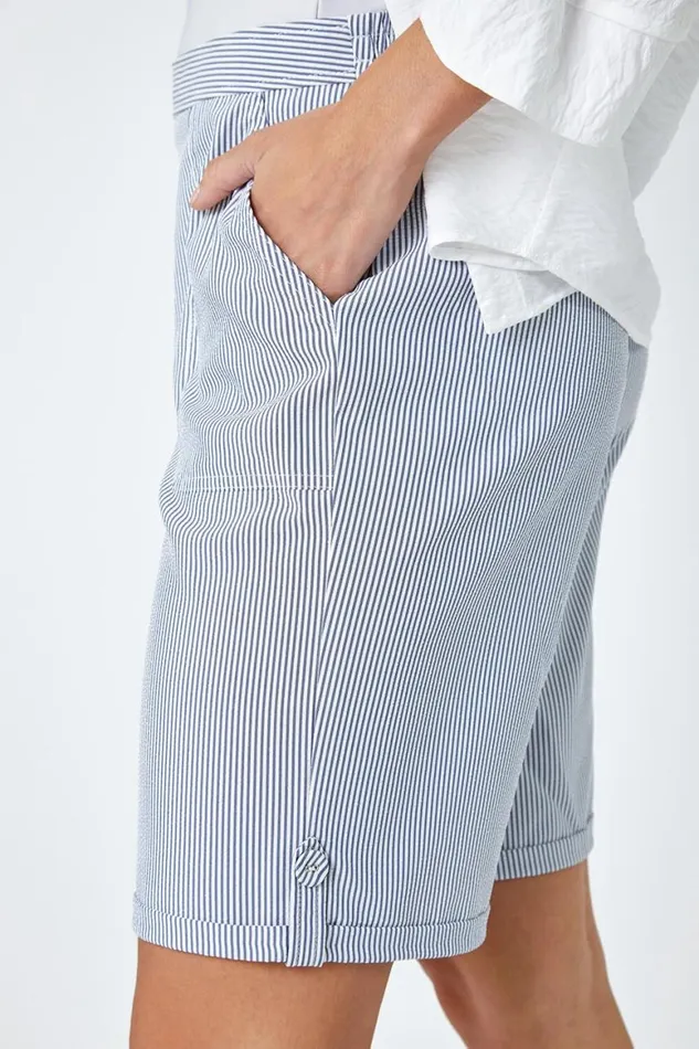 Women Blue Striped Turn Up Elastic Waist Shorts Roman Trousers