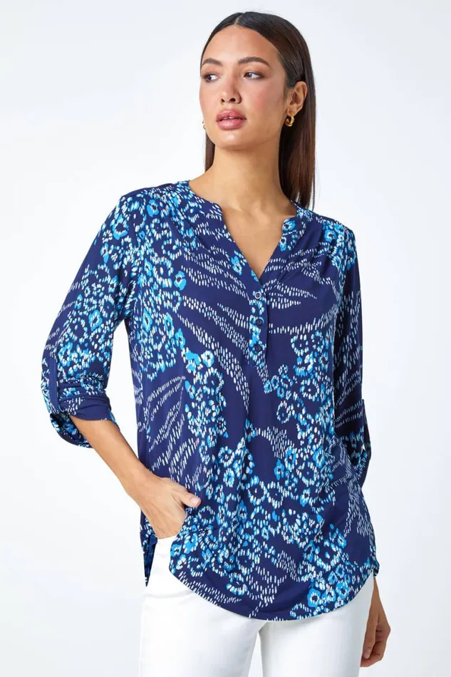 Women Blue Textured Animal Print VNeck Stretch Shirt Roman Tops