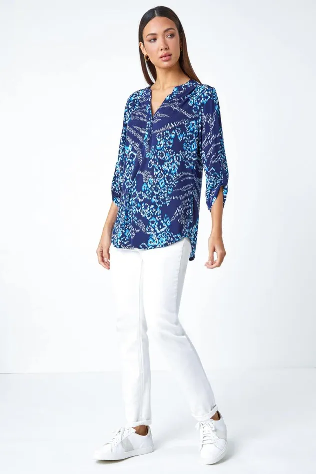 Women Blue Textured Animal Print VNeck Stretch Shirt Roman Tops